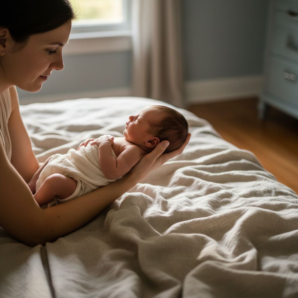 A mother performing a side-lying baby hold on her forearm to soothe a fussy newborn