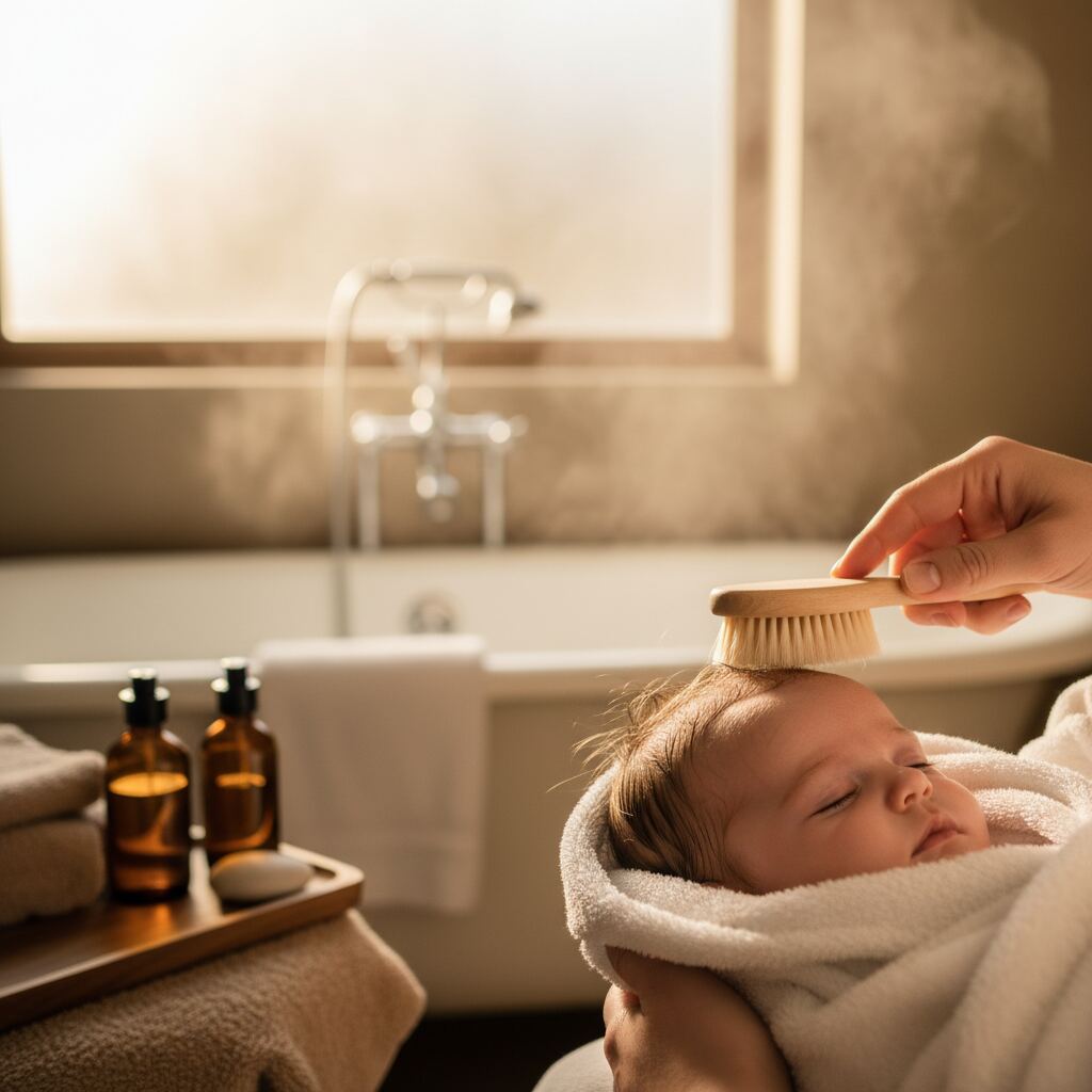 A soft baby brush being gently used on a baby