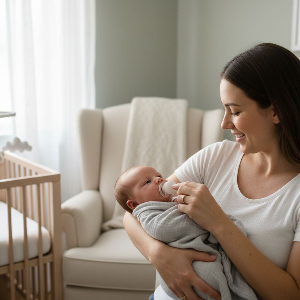 A mother offering and gently encouraging a baby to take a dummy during settling