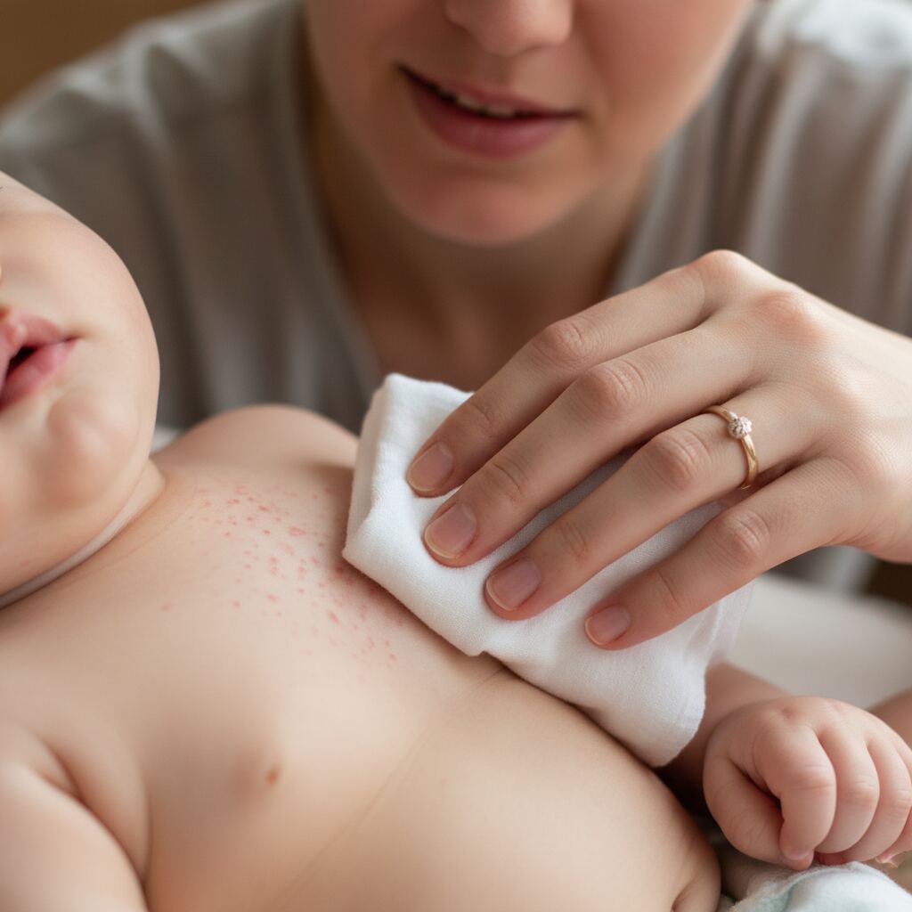 Close-up of small pink heat rash bumps on a baby