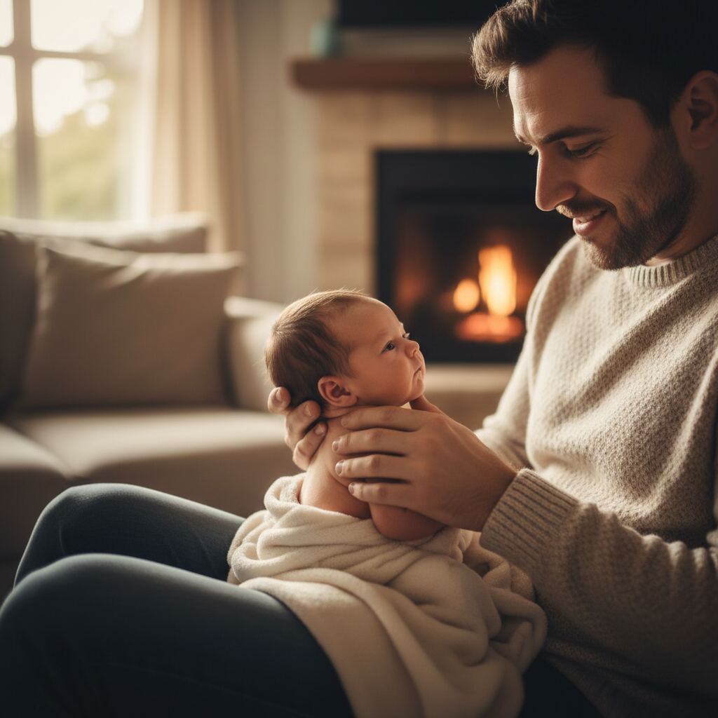 A father burping a tiny newborn in the sitting-on-lap position