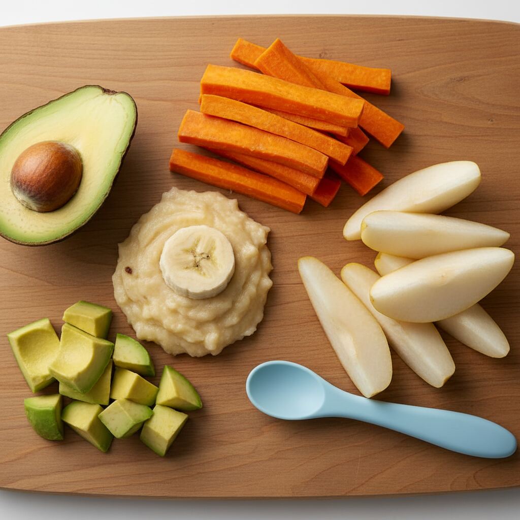 Flat-lay of first foods on a wooden board - mashed banana