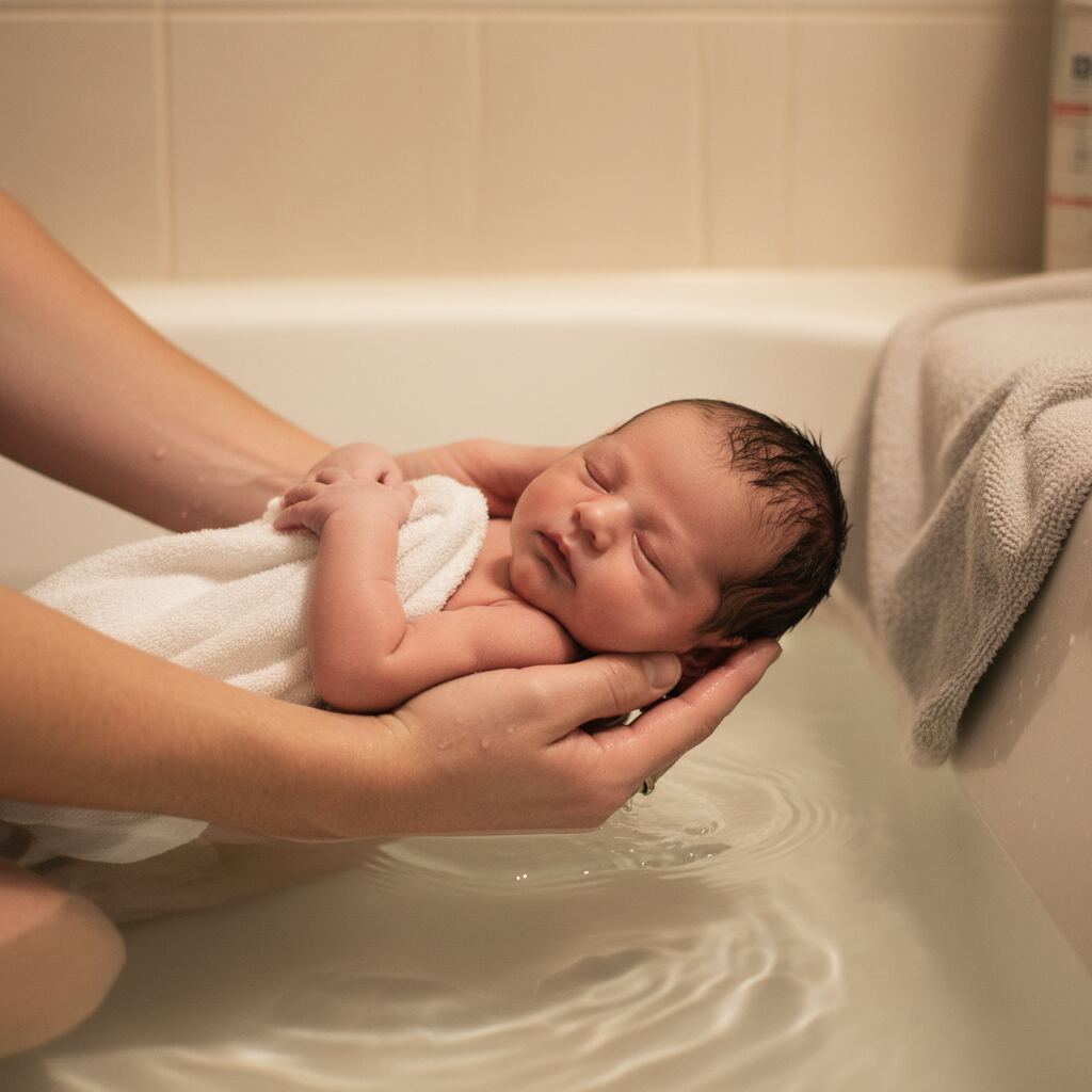 A newborn baby being gently lowered into a shallow warm bath supported by parent