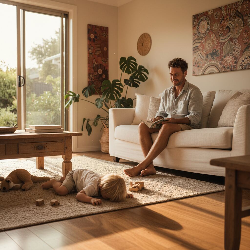 A toddler having big feelings on the floor while a calm father sits cross-legged nearby giving quiet space