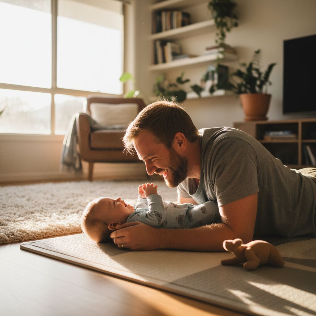 An Australian father lying on the floor face-to-face with his cooing baby on a play mat