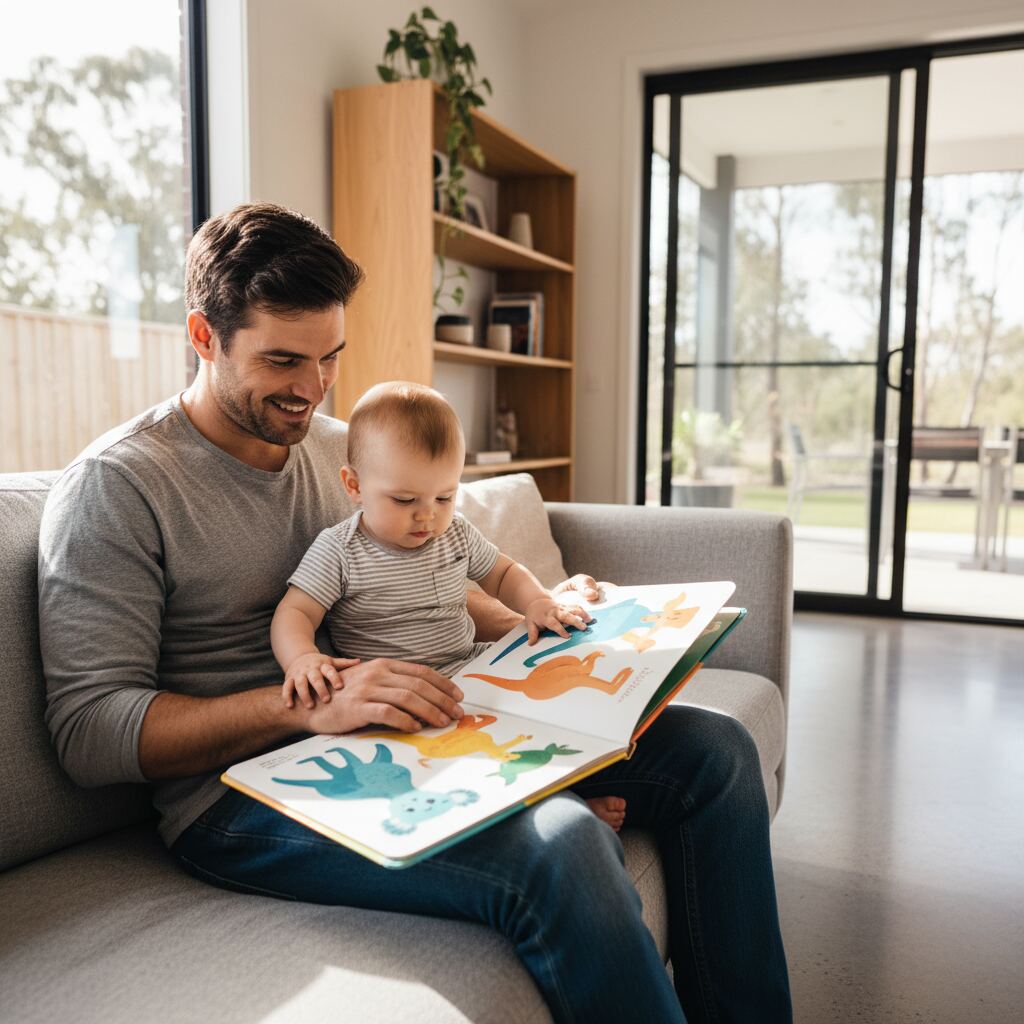 A father reading a colourful board book to a baby on his lap